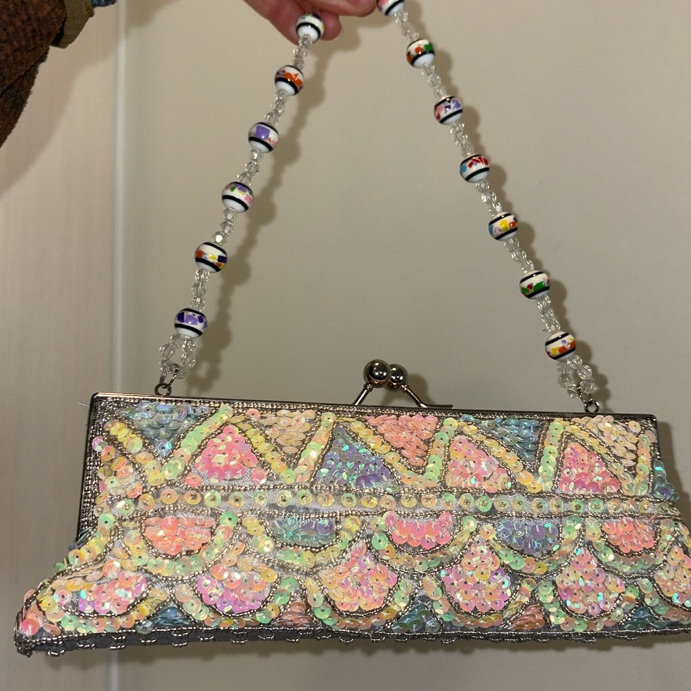 Y2K vintage style beaded princess purse mini shoulder bag yellow pink silver